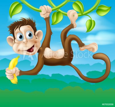 Monkey cartoon in jungle swinging on vine