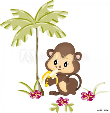 Monkey eating banana under palm