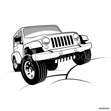 Monochrome detailed cartoon off-road jeep climbing rocks - 901153176