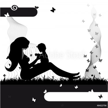 Mother with baby on the nature, black silhouette