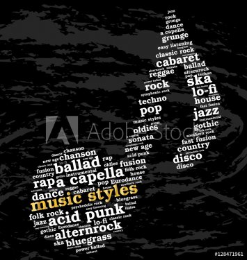 Music styles. Word cloud, musical notes, grunge background. Variety of music. - 901148098