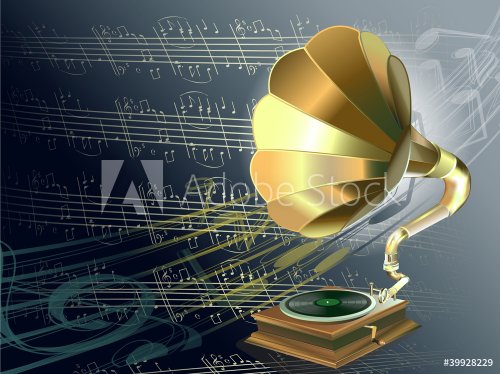 music with gramophone on musical notes background