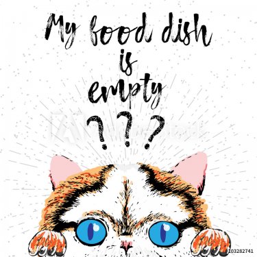My food dish is empty, hand drawn card and lettering calligraphy motivational quote for cat lovers and typographic design. Cute, friendly, smiling, inspirational kitty on textured sparkle background. 