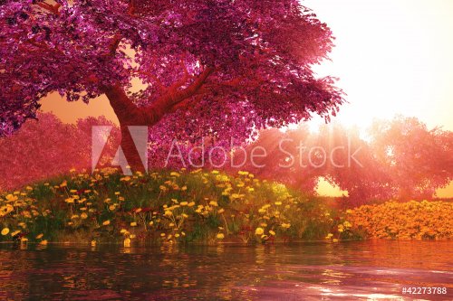 Mysterious Cherry Blossom Trees Japanese Garden 3D render - 901144974