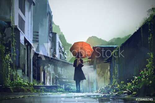 mysterious woman holds orange umbrella standing on street in abandoned city with digital art style, illustration painting