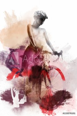 Naked woman with a bicycle. Watercolor. Digital art - 901153900