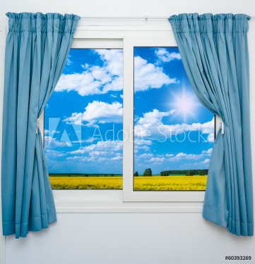 nature landscape with a view through a window with curtains - 901142186
