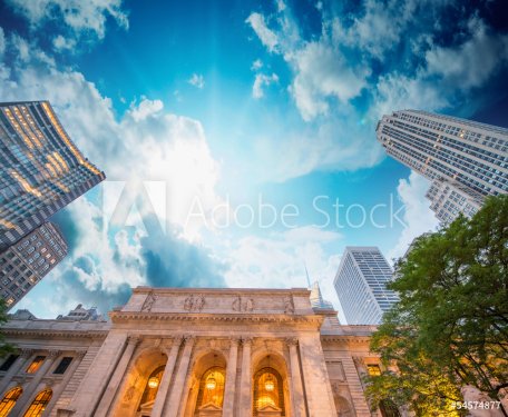 New York Public Library exterior with trees and surrounding buil - 901139050
