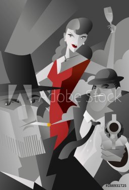 noir pulp black and white mafia mobster, private detective and red dress sexy woman poster