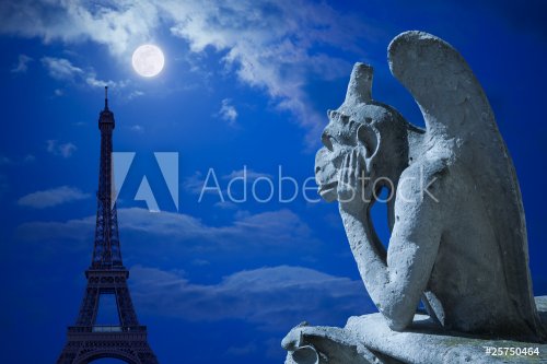 Notre Dame Chimera and Eiffel tower under the moon of Paris