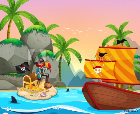 Ocean scene with pirate and treassure - 901148056