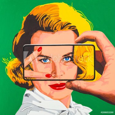 Oil on canvas modern conceptual art portrait painting of a beautiful young woman pictured on a smart phone.
