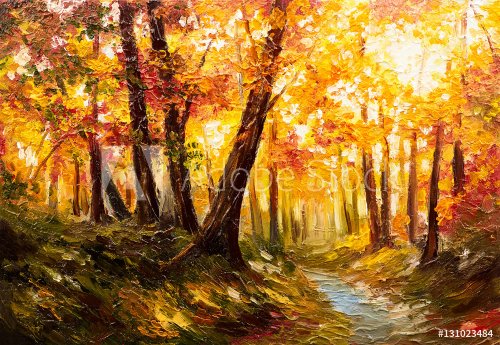 Oil painting landscape - autumn forest near the river, orange leaves - 901153888