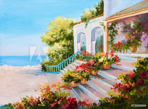 Oil painting landscape - terrace near the sea - 901145709