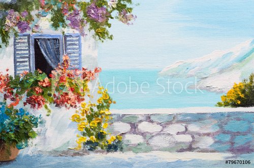 Oil painting landscape - terrace near the sea, flowers - 901145711