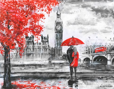 .oil painting on canvas, street view of london, river and bus on bridge. Artwork. Big ben. man and woman under a red umbrella