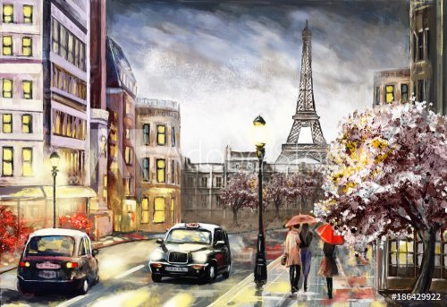 oil painting on canvas, street view of Paris. Artwork. eiffel tower . people ... - 901154021