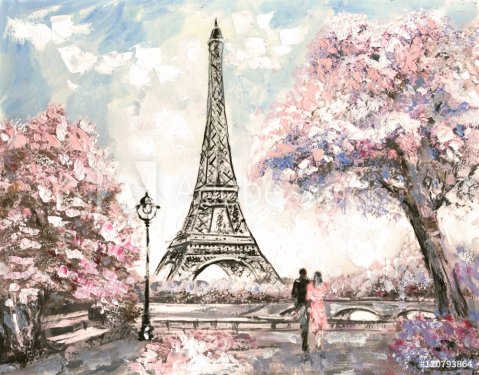 Oil Painting, Street View of Paris. Tender landscape, spring