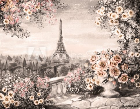 Oil Painting, summer in Paris. gentle city landscape. flower rose and leaf. View from above balcony. Eiffel tower, France, wallpaper.watercolor modern art. Sepia color