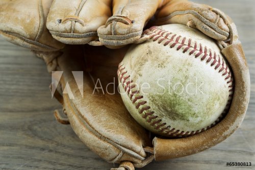 Old Baseball and Glove on Faded Wood - 901143455