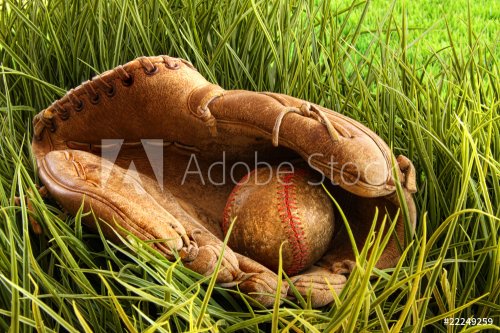 Old baseball glove with ball in the grass - 900452878