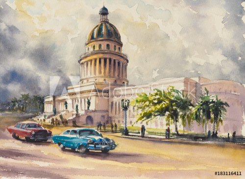 Old classic American cars rides in front of the Capitol in Havana,Cuba.Picture created with watercolors.