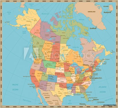 Old vintage color political map of USA and Canada