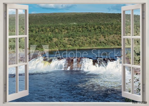  Open window view to wide waterfall and river