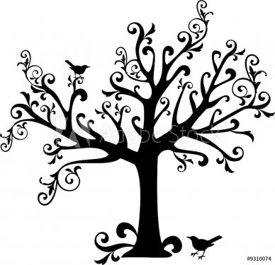 ornamental tree with swirls and birds