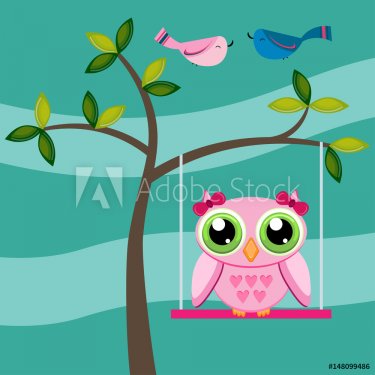 Owl on a tree swing with birds on a blue background - 901151748