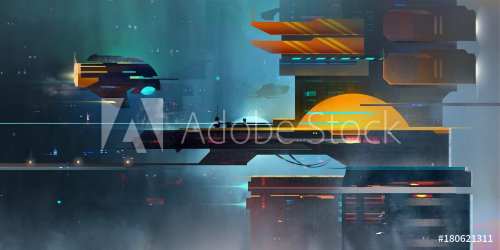Painted a dark fantastic landscape. The spaceport in the style of cyberpunk. - 901153502