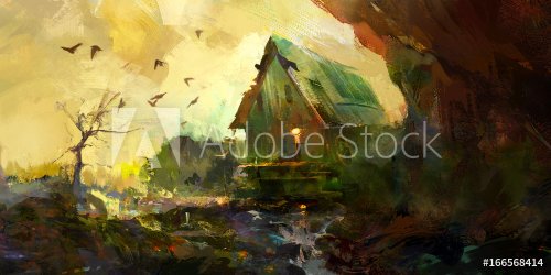 painted autumn landscape with house - 901153531