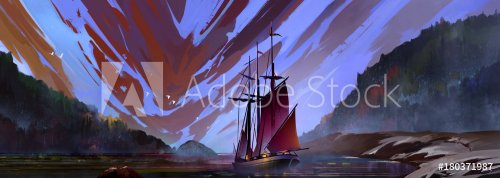 painted color evening landscape with sailboat - 901153547