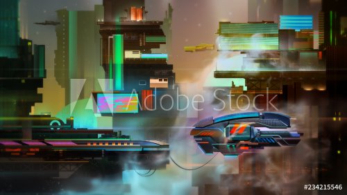 painted fantastic bright city evening landscape with spaceship