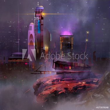 Painted fantastic landscape. Night city of the future. - 901153538