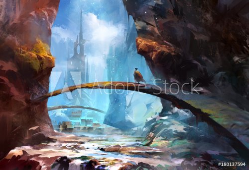 painted mountain landscape with a castle and a traveler - 901153452