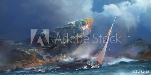 painted seascape, the storm and a yacht