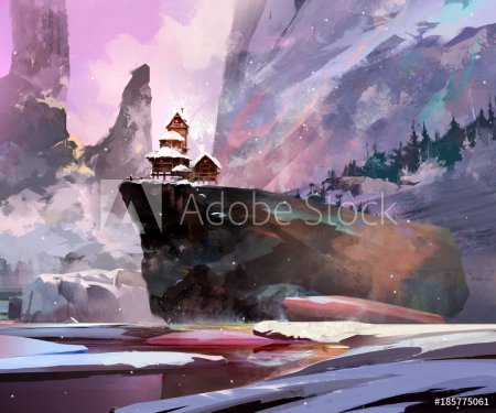 painted winter landscape with a house on a cliff - 901153560