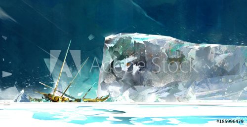 painted winter landscape with glacier and ship - 901153545