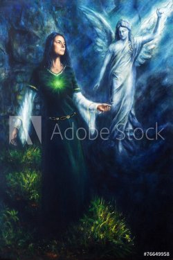 painting of a mystical woman in historical dress having a vision - 901154322