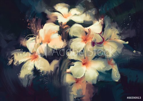 painting showing beautiful white flowers in dark background - 901148574