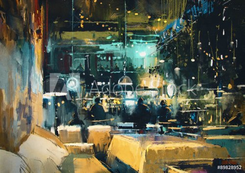 painting showing colorful interior of bar and restaurant at night - 901148582