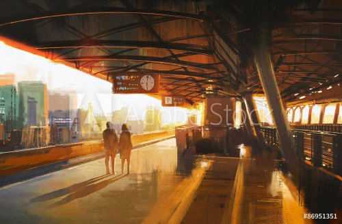 painting showing couple waiting a train on the station - 901146613