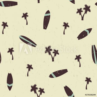 Palm tree and surfboards seamless pattern in vintage style. Vector hand drawn illustration.