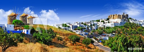 panorama of scenic Patmos island. view of Chora and windmills , - 901141838