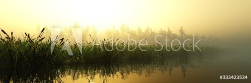 Panorama of the river bank at sunrise in the fog, the lake in the haze, morni... - 901156221