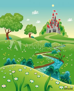 Panorama with castle. Cartoon and vector illustration. - 900454610