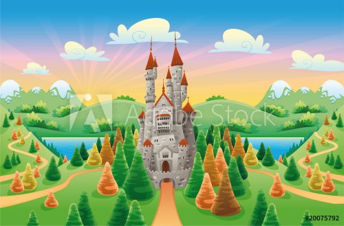 Panorama with medieval castle. Cartoon and vector illustration