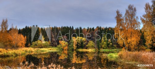 Panoramic landscape with forest lake in autumn - 900047797
