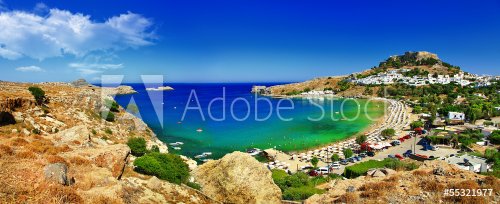 panoramic view of Lindos bay, Rhodes island, Greece - 901141842